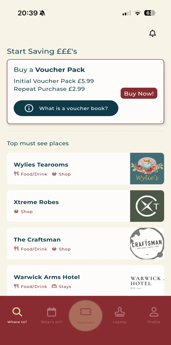 Eat Drink Explore app showing vouchers and top places